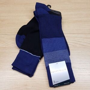 PERRY ELLIS Crew Dress Socks Mens 2-Pack Blue Black Stripe Cotton Knit